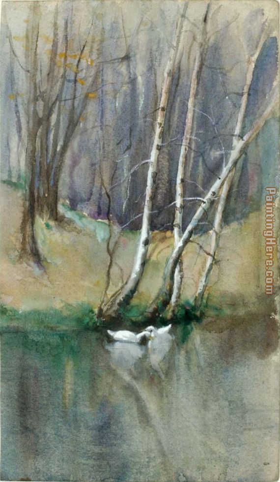 Wood Scene with Birch Trees and Ducks painting - Edward Mitchell Bannister Wood Scene with Birch Trees and Ducks art painting